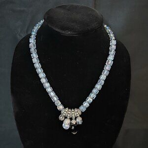 Vintage Crystal Necklace Light Blue Faceted  Square Beads With Pendants Sz 20”
